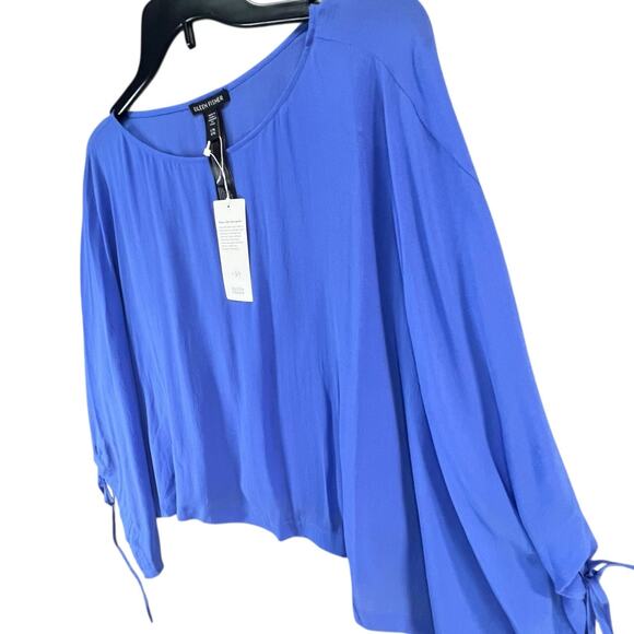 Eileen Fisher Silk Georgette Poncho L Blue Sheer Cropped Boxy Ethereal Luxury - Picture 2 of 10